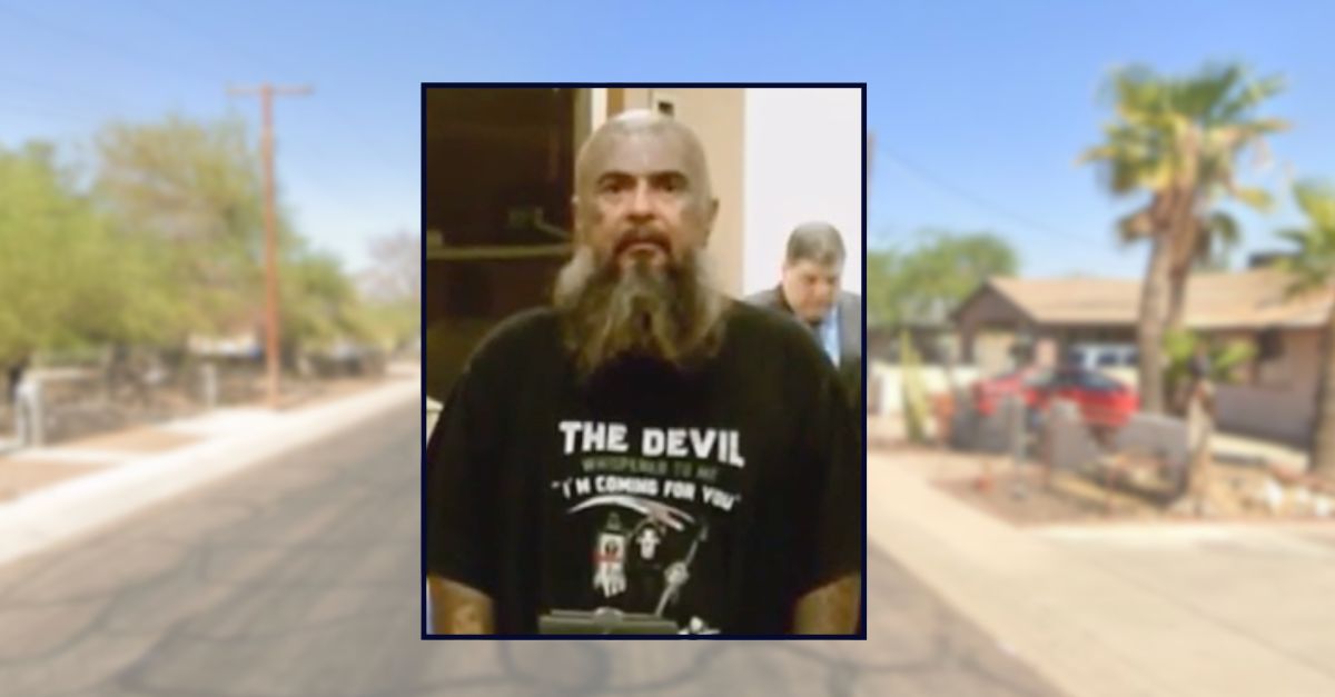 Michael Rodriguez appears in court inset against an image of a residential street in Arizona.