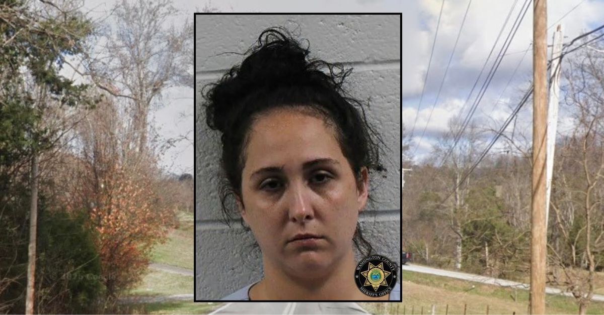 Inset: Mikaylee Rae Beirne (Washington County, TN, Sheriff's Office). Background: The area in Tennessee where Beirne allegedly tried to drown a child in a backyard pool (Google Maps).