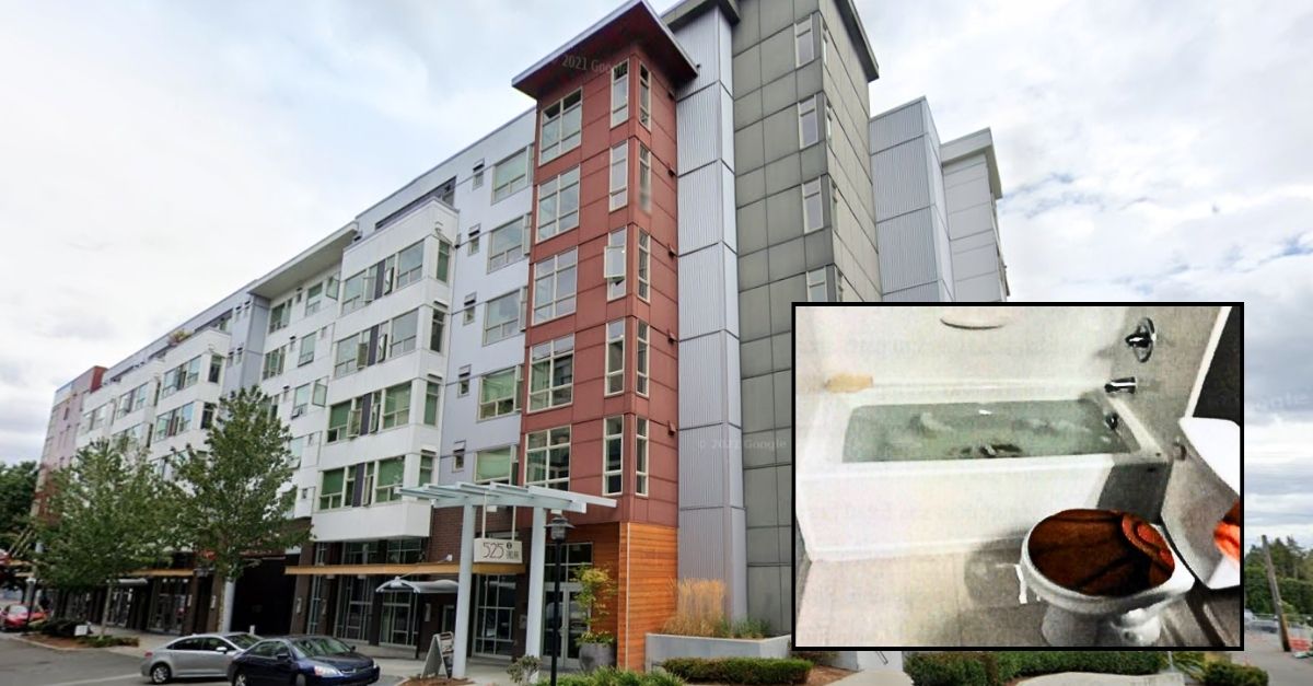 Inset: The bathtub that Nakeeya Arbogast's son drowned in, according to prosecutors (King County Prosecuting Attorney's Office). Background: The apartment building where Nakeeya Arbogast lives (Google Maps). 