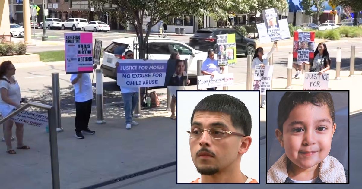 Left inset: Oscar Munoz. Right inset: Moses Lopez. Background: Family and friends protesting against the plea deal that Oscar Munoz received after his murder charge was dropped in connection with the death of his stepson Moses Lopez (KXTV/YouTube).