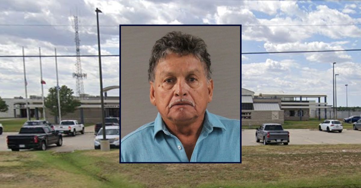 Raymundo Ayala appears in a booking photo inset against an image of a sheriff's office in Texas.