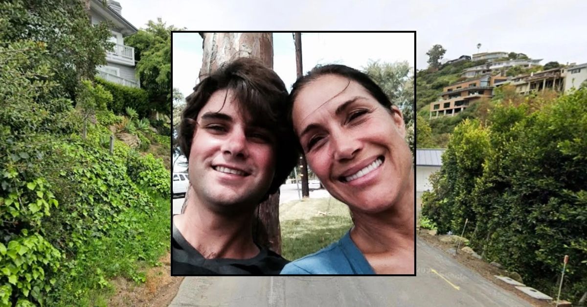 Inset: Safford Wolfson and his mother Angela Caprioli (Facebook). Background: The 1300 block of Dunning Drive in Laguna Beach, Calif., where Safford Wolfson allegedly killed his mother Angela Caprioli after she traveled across the country to visit him (Google Maps).