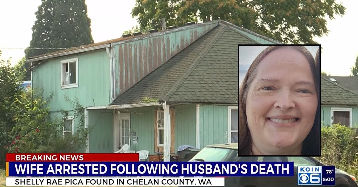 Inset: Shelly Peca (Keizer Police Department). Background: The Oregon home where Shelly Peca allegedly killed her husband (KOIN/YouTube).