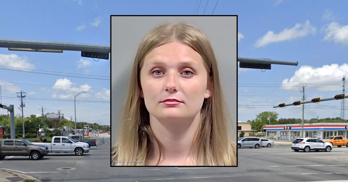 Inset: Terriny Krepps (Escambia County Jail). Background: The Florida intersection where Krepps caused a fatal crash in 2024 (Google Maps).