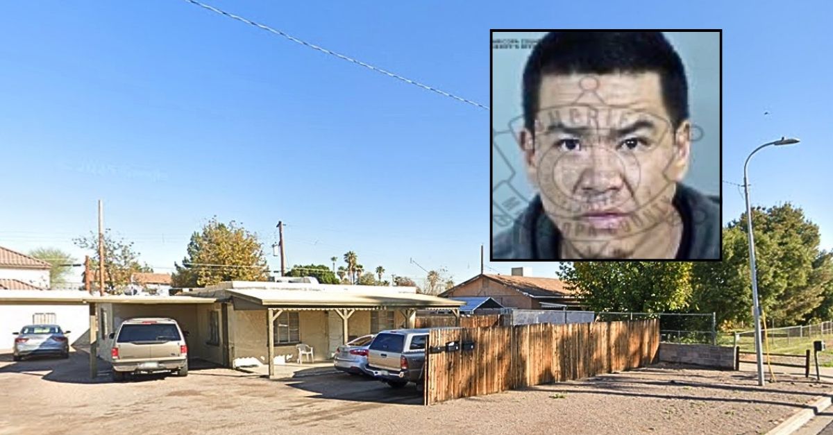 Inset: Troy Yazzie (Maricopa County Sheriff's Office). Background: The apartments in Phoenix, Ariz., where Troy Yazzie allegedly beat his roommate with a construction helmet (Google Maps).