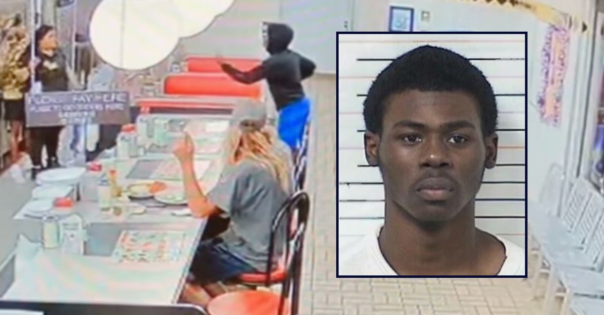 Undrellius Fleck appears in a booking photo inset against an image of a robbery at a Waffle House.