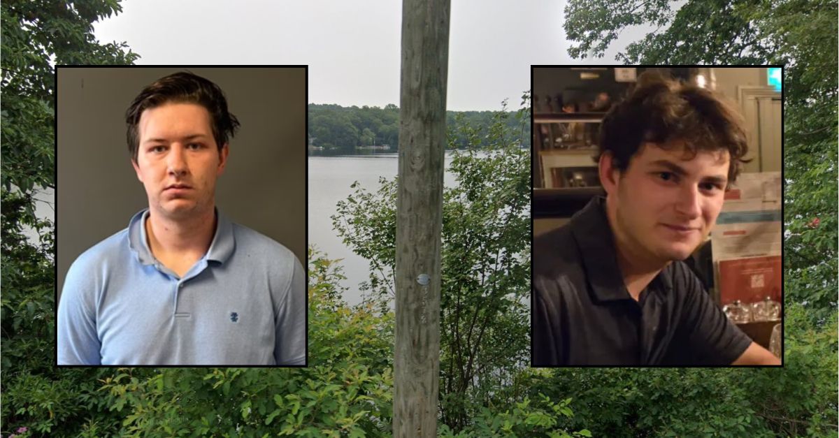 Inset, left to right: Michael Collins (Connecticut Department of Energy and Environmental Protection's Environmental Conservation Police) and Dominick Tocci (Gilman Funeral Home). Background: The Connecticut lake where Collins and Tocci were canoeing when Tocci went missing (Google Maps).