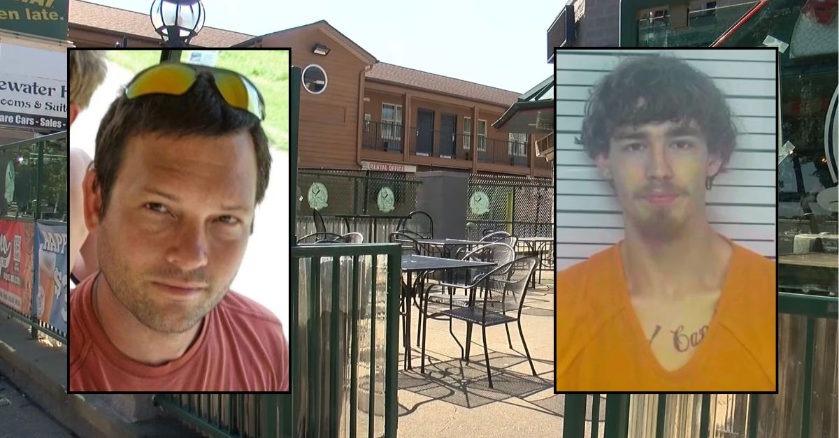 Inset, left to right: Robert "Rob" Russell (GoFundMe) and Colton Z. Smith (Ottawa County Sheriff's Office). Background: The Ohio bar where Smith allegedly killed Russell (WKYC).