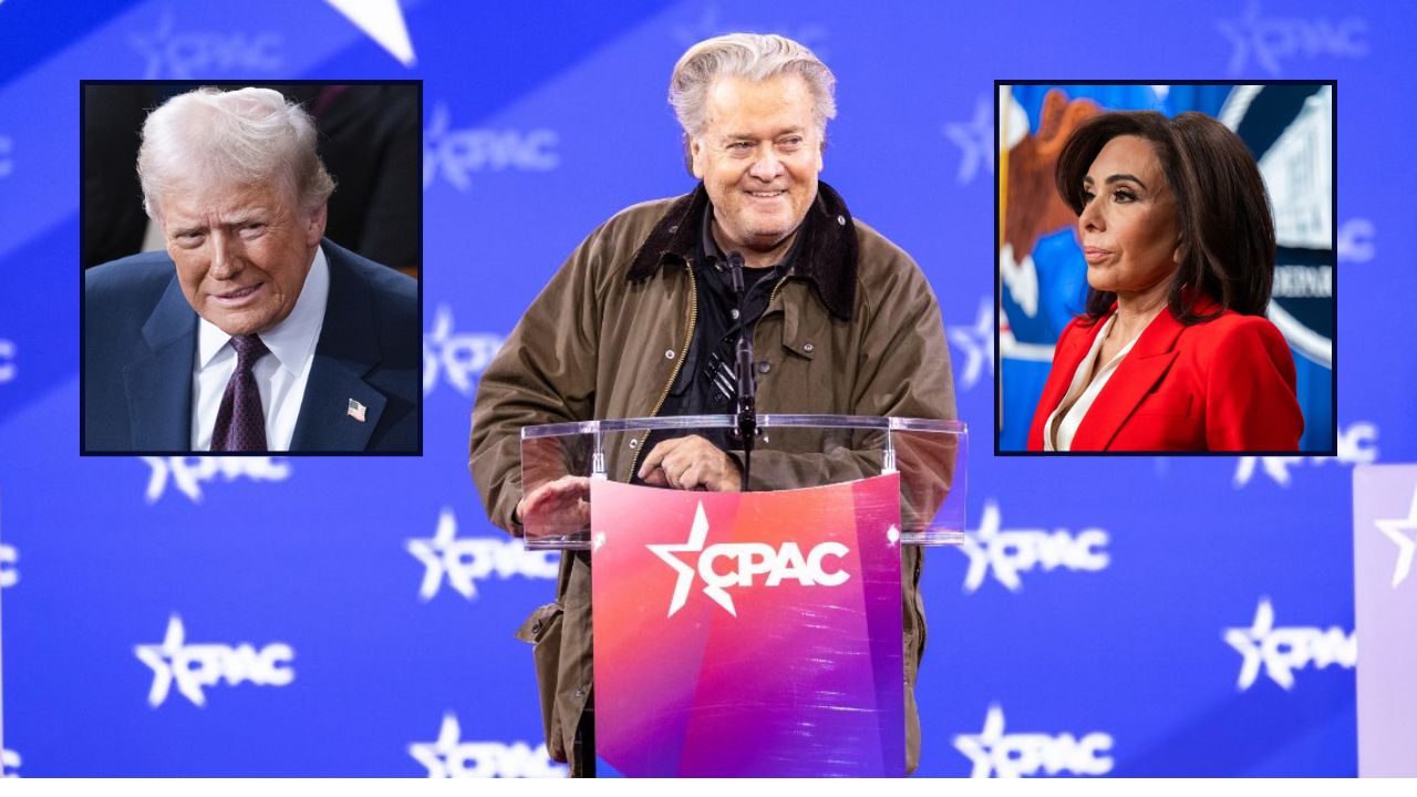 Steve Bannon, Donald Trump, and Jeanine Pirro appear in an image. Bannon is the background. Trump and Pirro are inset.