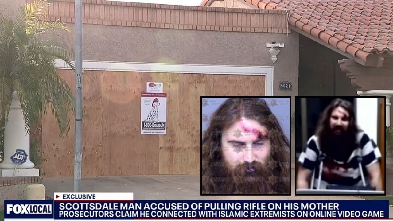 Insets: Beau Lieurance (Maricopa County Sheriff's Office/KSAZ/YouTube). Background: The Arizona home where Beau Lieurance allegedly pulled a gun on his mom and another person (KSAZ/YouTube).