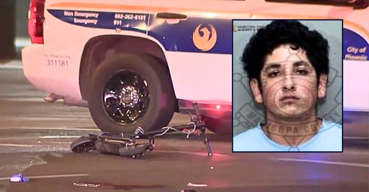 Inset: Henry Gonzales (Maricopa County Attorney's Office/Maricopa County Sheriff's Office). Background: The scooter that Porfirio Medina was riding when he was shot and killed by Henry Gonzales in Phoenix, Ariz. (KSAZ).