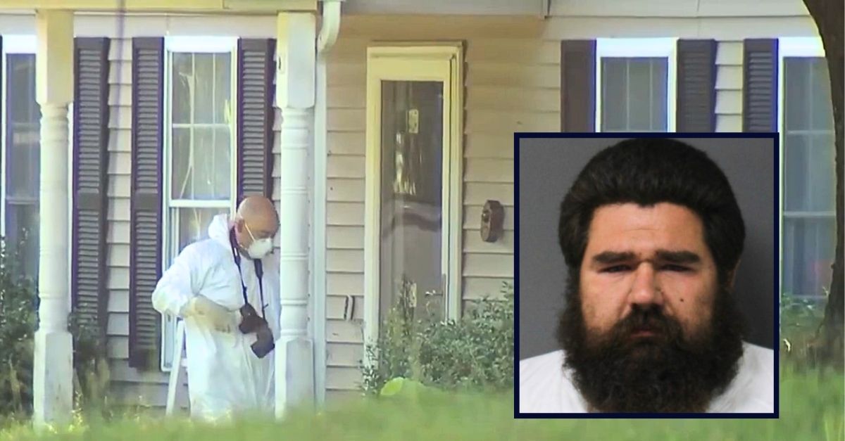 Inset: Joshua Freitag (Connecticut State Police). Background: The Connecticut home where Joshua Freitag allegedly shot and killed a man who was spending the night with Freitag's estrange wife (WFSB/YouTube).