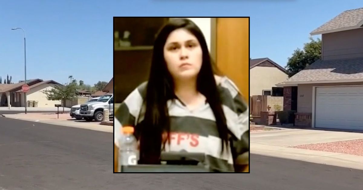 Inset: Kallien Mia Heathman appearing in court (KSAZ). The area in Arizona where Heathman allegedly set her house on fire (KSAZ).