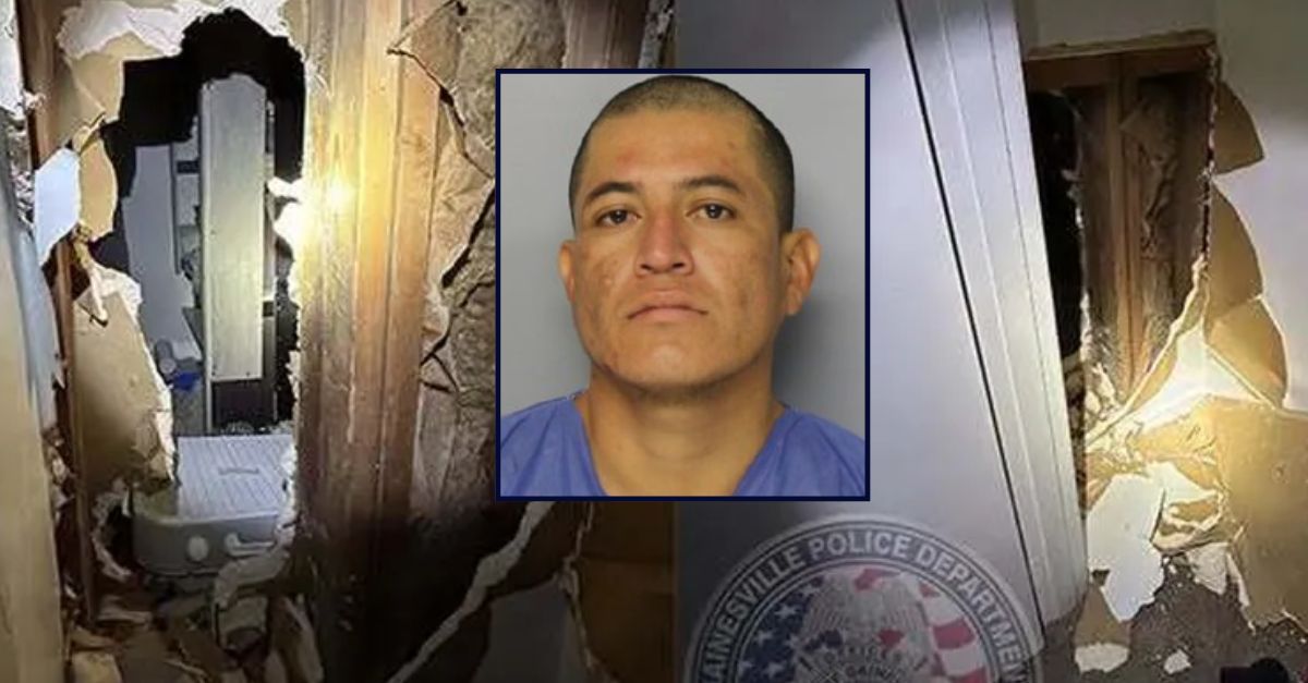 Obed Reyes appears in a booking photo inset against an image of a smashed apartment wall.