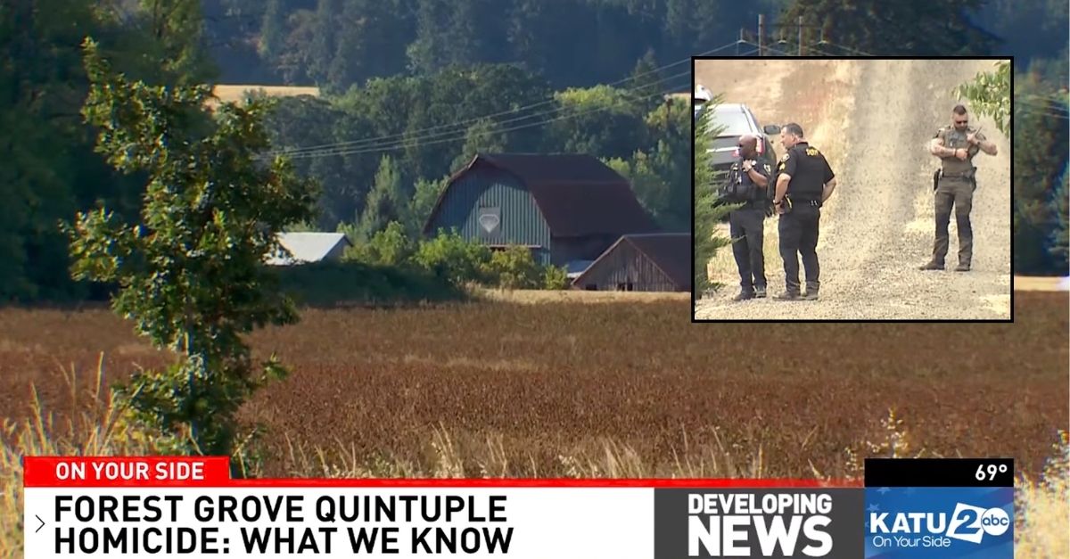 Inset: Police at the scene of the Oregon home where five people were found dead. Background: The Oregon property where firefighters found five dead bodies as part of a quintuple murder carried out by the boyfriend of one of the victims. (KATU/YouTube).