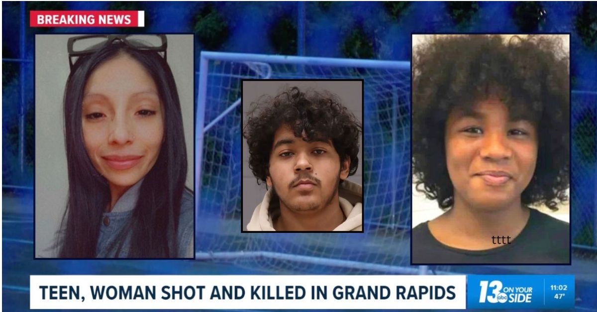 Inset, left to right: Savanah Villarreal (WOOD), Rafael Martinez-Lopez (Kent County Jail), and Jeremiah Cuevas-Griffin (WXMI). Background: The playground in Michigan where Villarreal and Cuevas-Griffin were killed (WWMT).