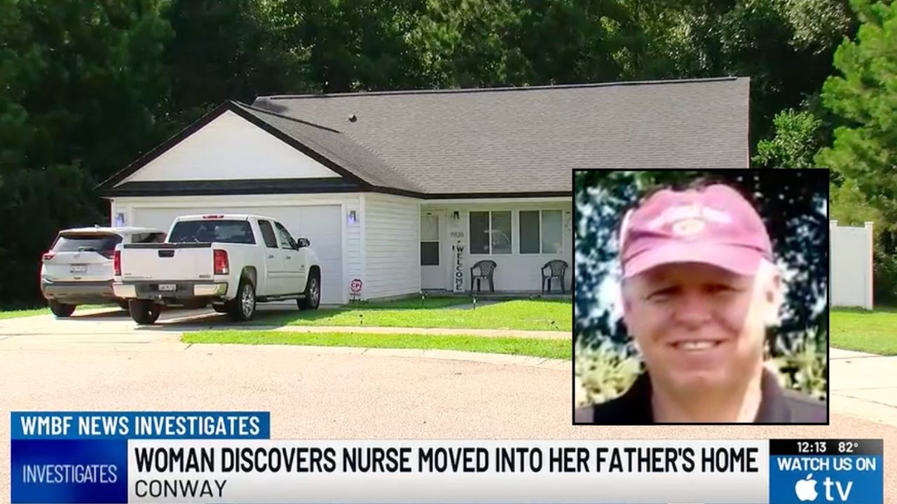 Inset: Robert Rowland. Background: The South Carolina home that Robert Rowland's daughter says was signed over to his nurse while he was battling Parkinson's and a brain injury (Nora Rowland/WMBF).