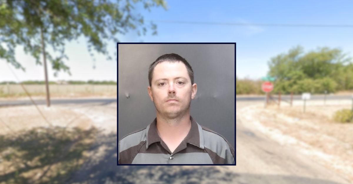 Romi Frentescu appears in a booking photo inset against an intersection in Texas.