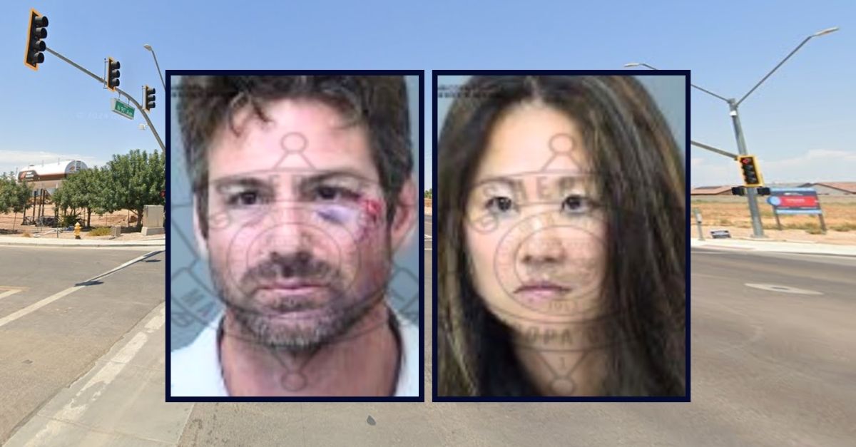 Insets: Ryan Mullin and May Mullin (Maricopa County Sheriff's Office). Background: The area in Glendale, Ariz., where Ryan Mullin and May Mullin were allegedly forcing their children to walk in 108-degree heat (Google Maps).