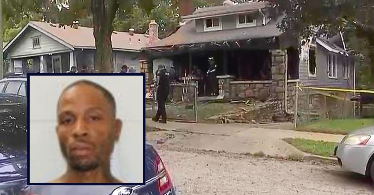Inset: Ryan Willis (Jackson County Sheriff's Office). Background: The house in Kansas City, Mo., that Ryan Willis allegedly set on fire with his mom inside (KKTV).