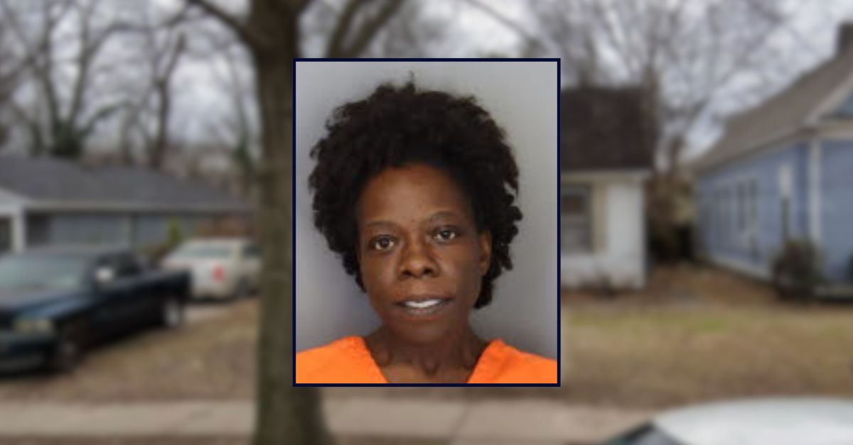 Tiffany Barber appears in a booking photo inset against an image of a residential area in Memphis.