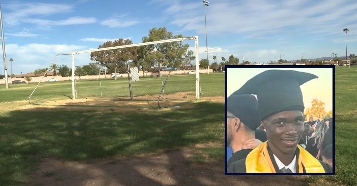 Inset: Tumusifu Bazirake (GoFundMe). Background: The Arizona soccer field where Tumusifu Bazirake was killed during a game after opposing players got mad over a goal being scored (KPNX/YouTube).