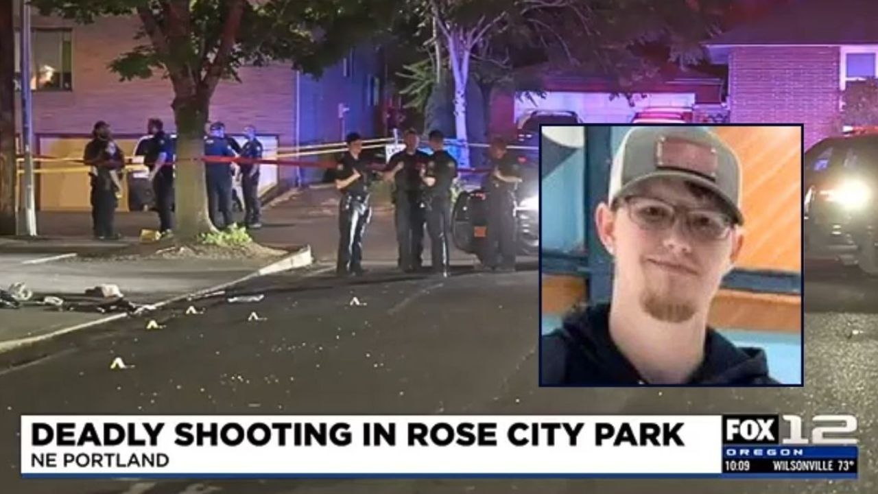 Inset: Aaron McInnis (GoFundMe). Background: The area in Portland where Arvoni Hayes shot and killed Oregon dad Aaron McInnis (KPTV/YouTube).