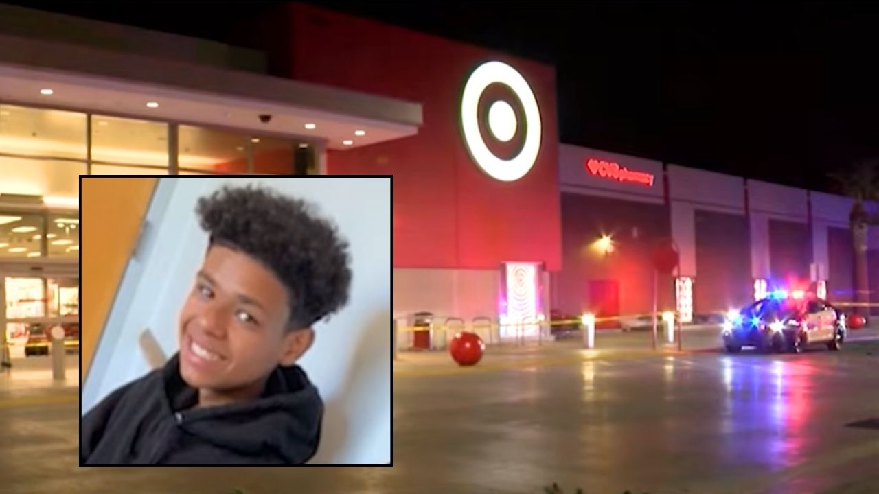Inset: Aden Aguilar. Background: The California Target where Aden Aguilar was stabbed to death (KGET/YouTube). 