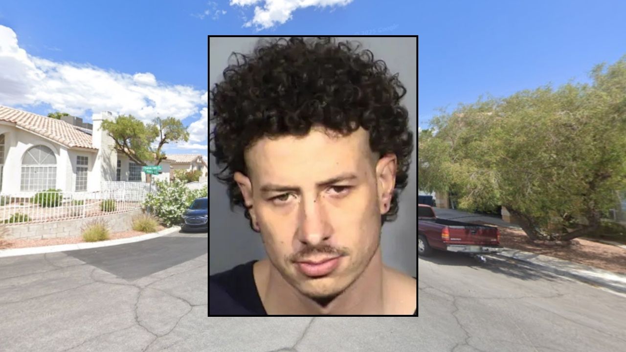 Inset: Brandon Tenorio (Las Vegas Metropolitan Police Department). Background: The 3500 block of Mountain Valley Drive in Las Vegas, Nev., where Brandon Tenorio murdered his girlfriend at a home where he was staying with his grandmother (Google Maps).