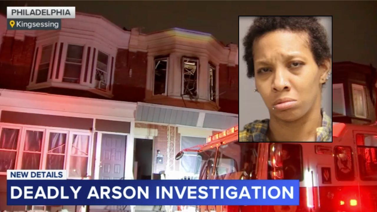 Bacgkround: The scene of the house fire that killed Raymond Bell, 25, in Philadelphia, Pa. (WPVI). Inset: Chardae Sapp (Philadelphia Police/WPVI).