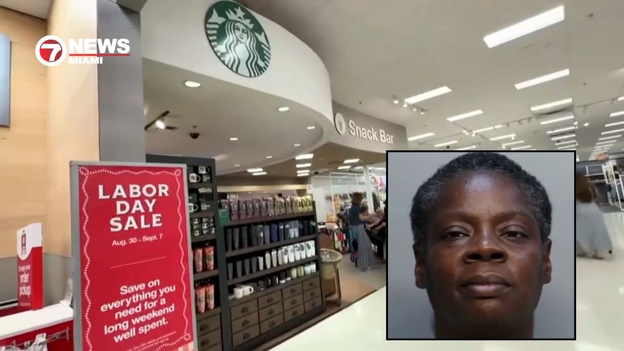 Inset: Chyvonne Palmer (Miami-Dade County Corrections and Rehabilitation). Background: The Target Starbucks in Florida where Chyvonne Palmer allegedly attacked a teen (WSVN/YouTube).