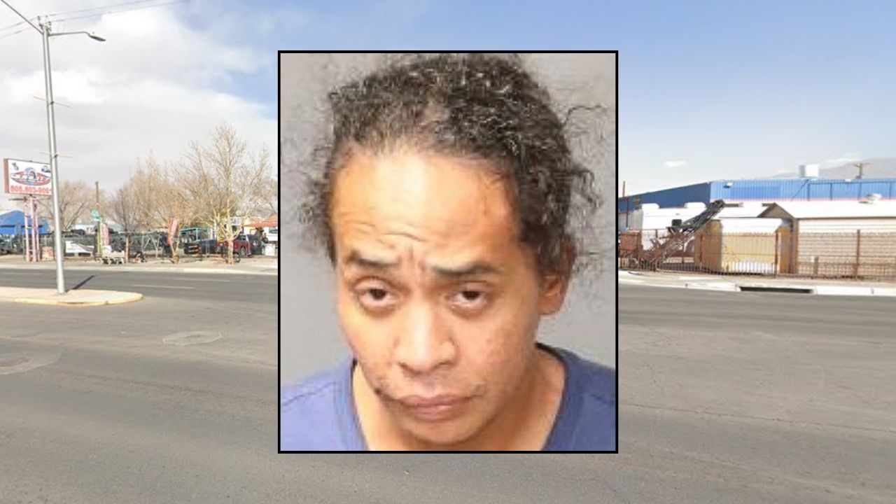 Inset: Demetrius Thomas (Metropolitan Detention Center/Bernalillo County). Background: The area in Albuquerque, N.M., where Demetrius Thomas allegedly caused a fatal crash involving a pedestrian (Google Maps).