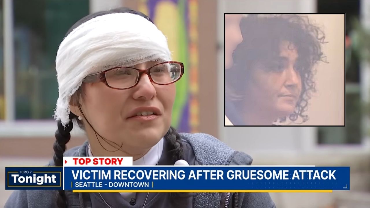 Inset: Kamilia Chadli in court (KCPQ/YouTube). Background: Diana Gonzalez speaking about the alleged biting attack in Seattle (KIRO/YouTube).