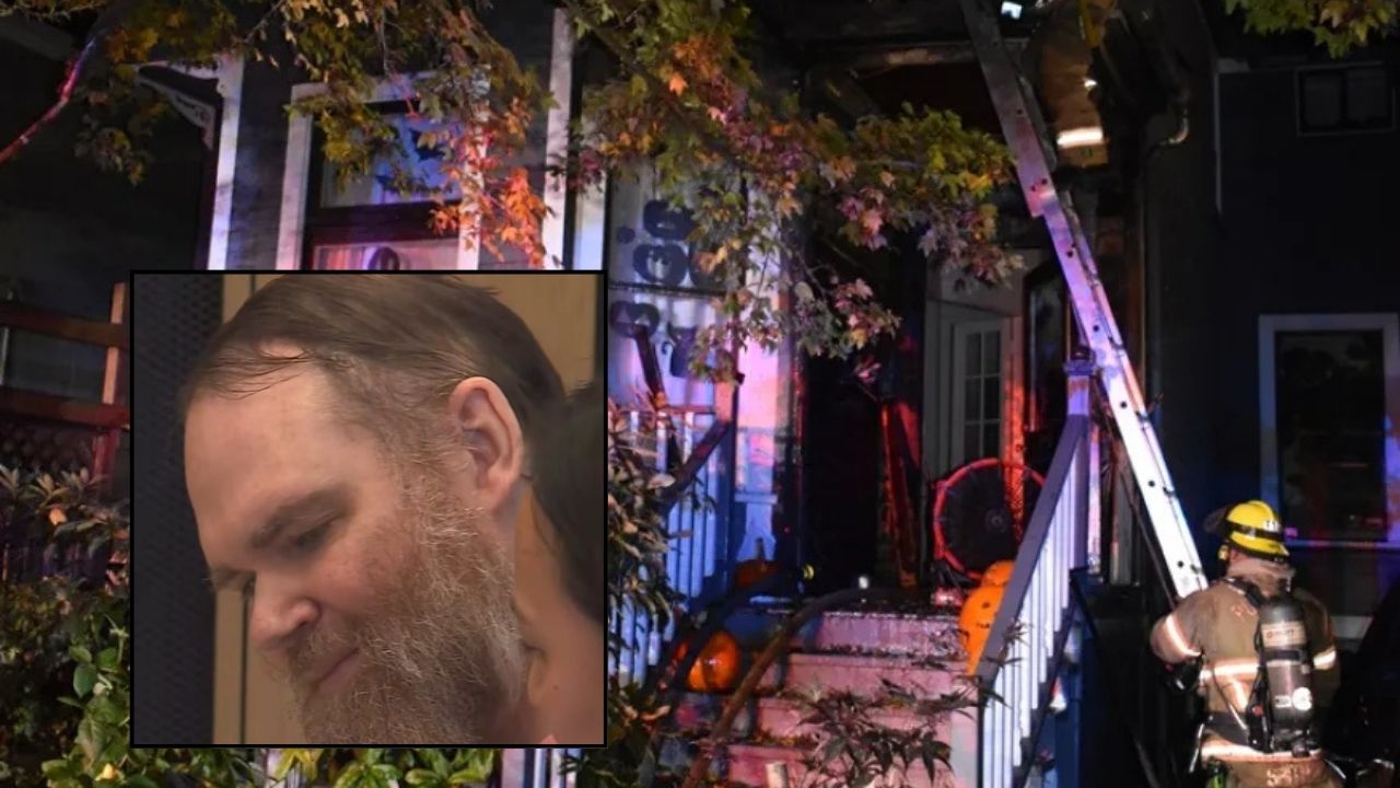 Inset: Eric Alexander in court (KPTV/YouTube). Background: The Oregon home that Eric Alexander torched while a family was inside (Portland Fire & Rescue).