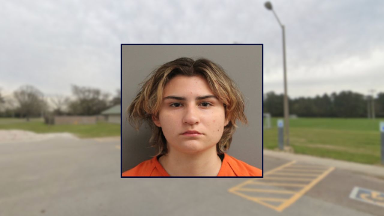 Gabriele Olortegui inset against a park in Texas.