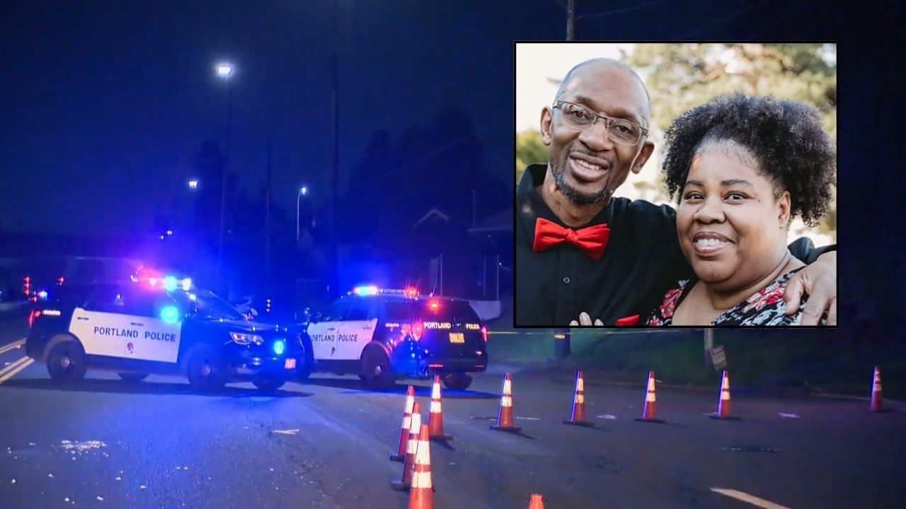 Inset: James Johnson and his wife Lisa Johnson (The Portland Observer). Background: Oregon police at the scene of the U-Haul crash that left James and Lisa Johnson both dead (KGW/YouTube).