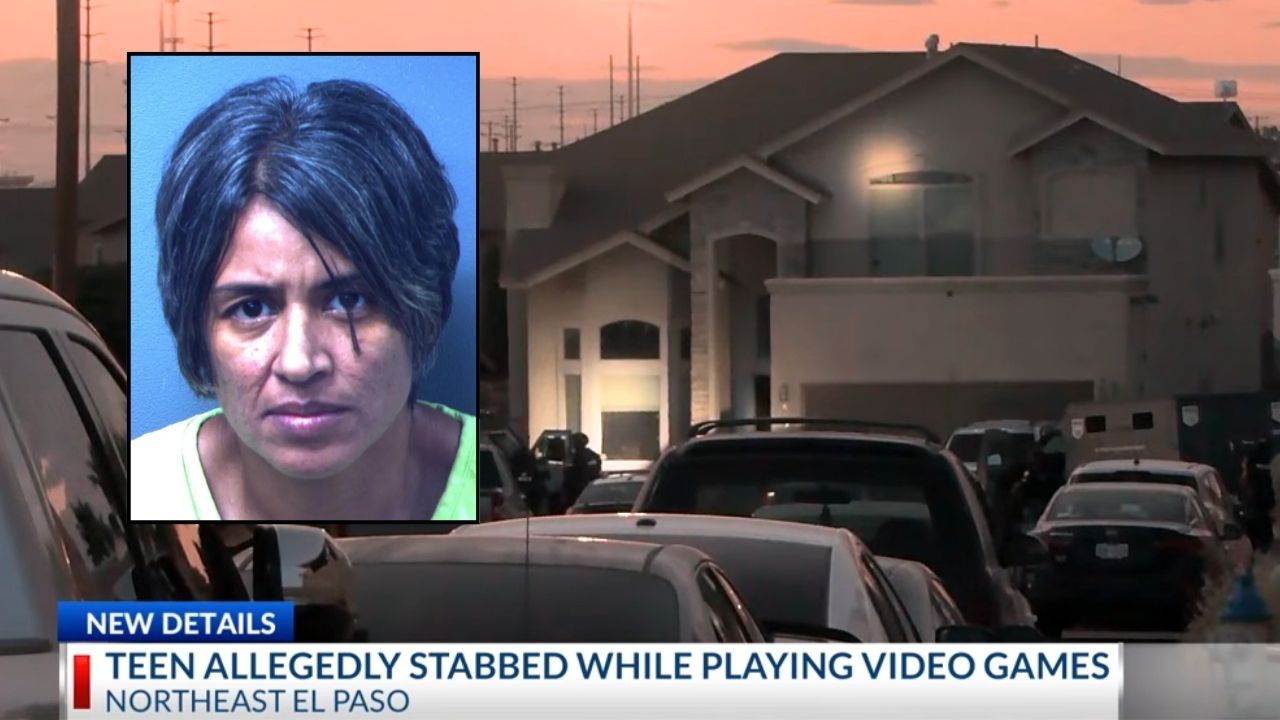 Inset: Janie King (El Paso County Police Department). Background: The Texas home where Janie King allegedly stabbed her son (KTSM/YouTube).