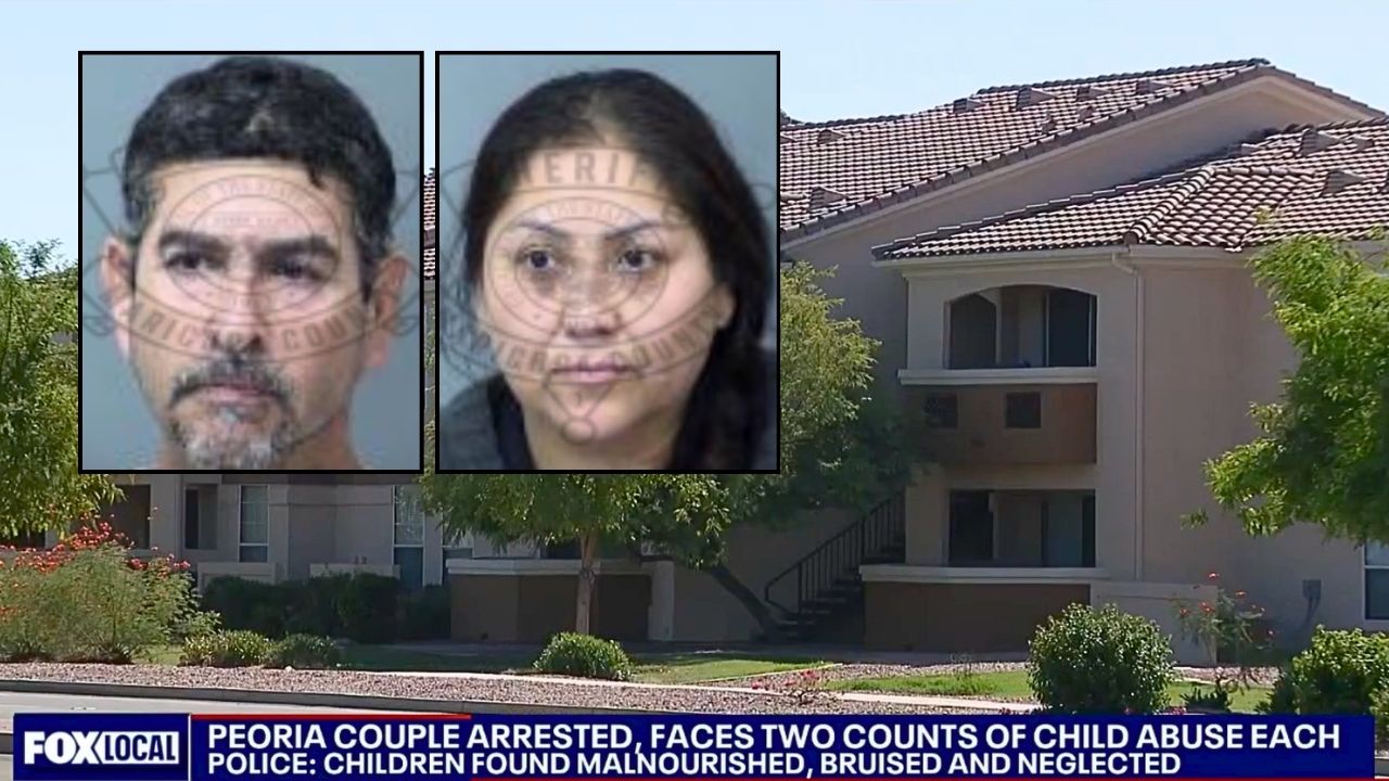 Left inset: Jose Carrillo Ayala. Right inset: Jennifer Carrillo (Maricopa County Sheriff's Office). Background: The Arizona apartments where Jose Carrillo Ayala and Jennifer Carrillo allegedly punished a 9-year-old girl by putting her outside on their balcony in 104-degree heat (KSAZ).