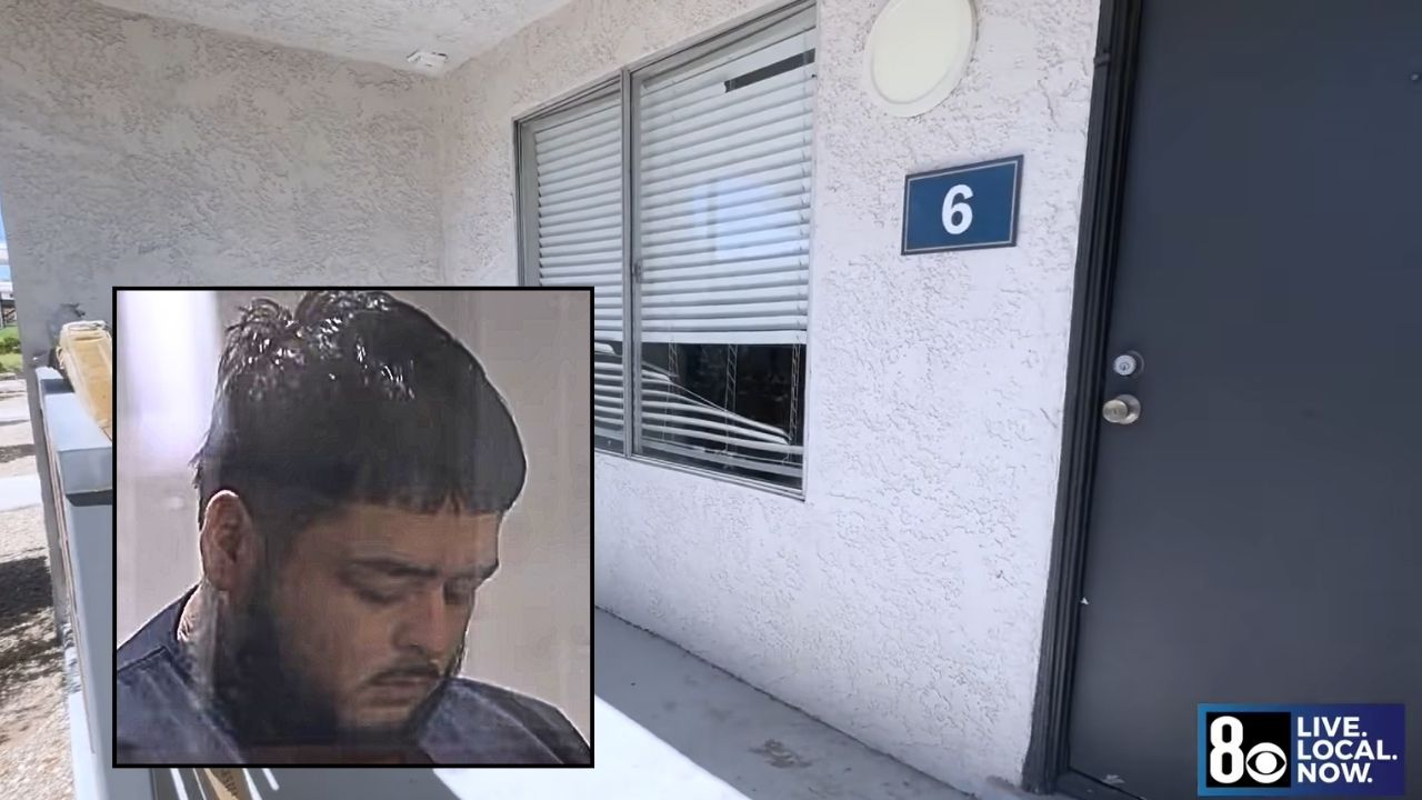 Inset: Juan Orona in court. Background: The Nevada apartment where Juan Orona allegedly shot his girlfriend and her two kids (KLAS/YouTube).
