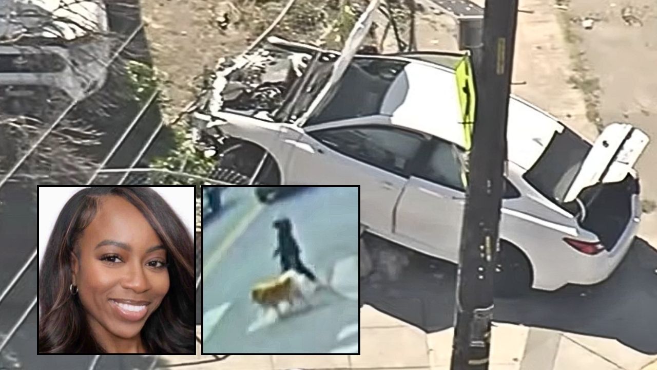 Left inset: Kiara Bowling (GoFundMe). Right inset: Kiara Bowling walking her friend's dog right before she was mowed down by two young kids in Oakland, Calif. (KGO/YouTube). Background: The car that the kids who allegedly hit Kiara Bowling were driving (KGO/YouTube). 