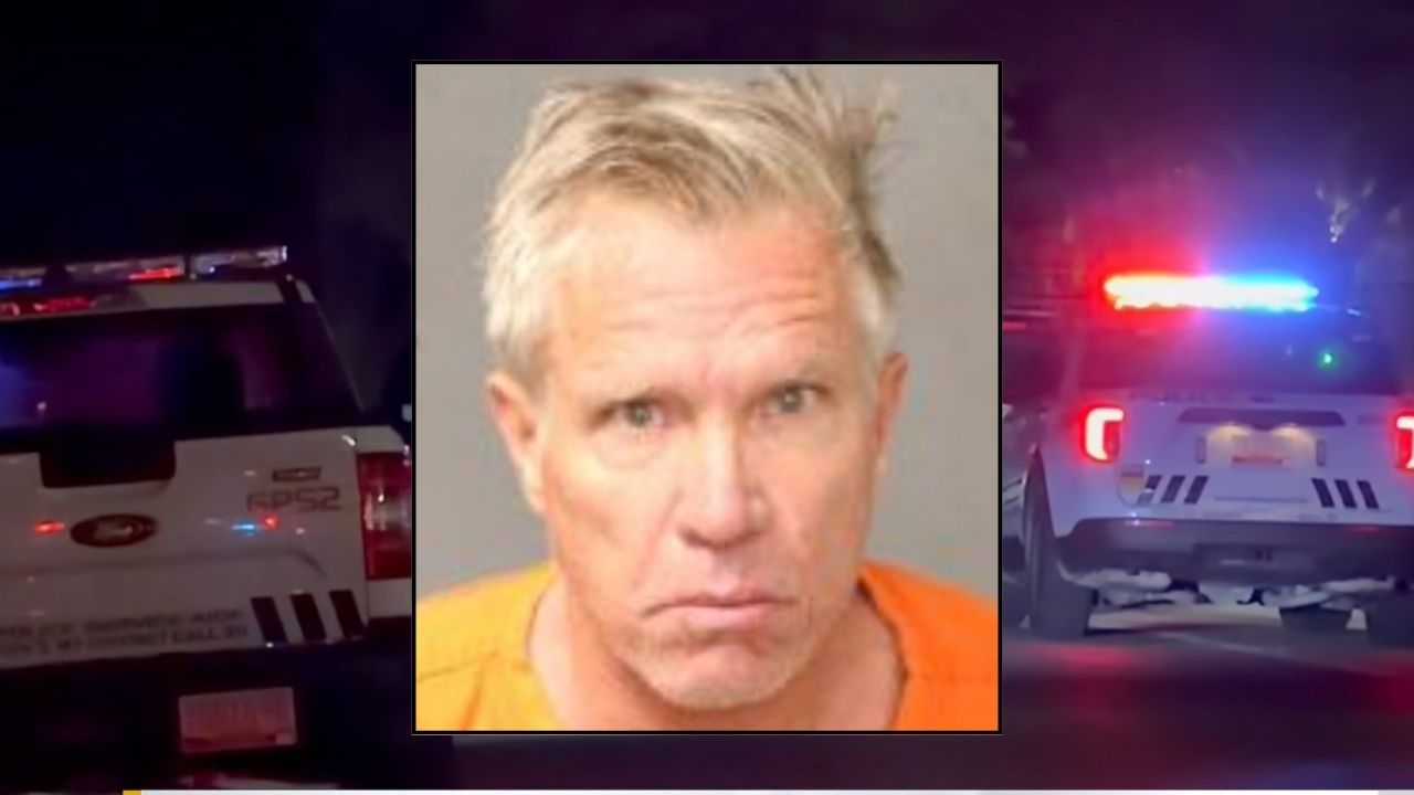 Inset: Mark Leib (Bernalillo County Sheriff's Office). Background: New Mexico cops at the scene of the shooting that Mark Leib allegedly carried out against his son, Matthew Leib (KRQE/YouTube).
