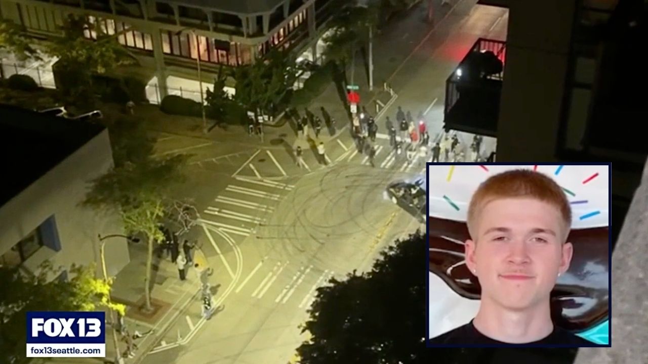 Inset: Matthew Lanske (GoFundMe). Background: Video showing the alleged street takeover in downtown Seattle, Wash., that was going on when Matthew Lanske's family says he was shot (KCPQ).