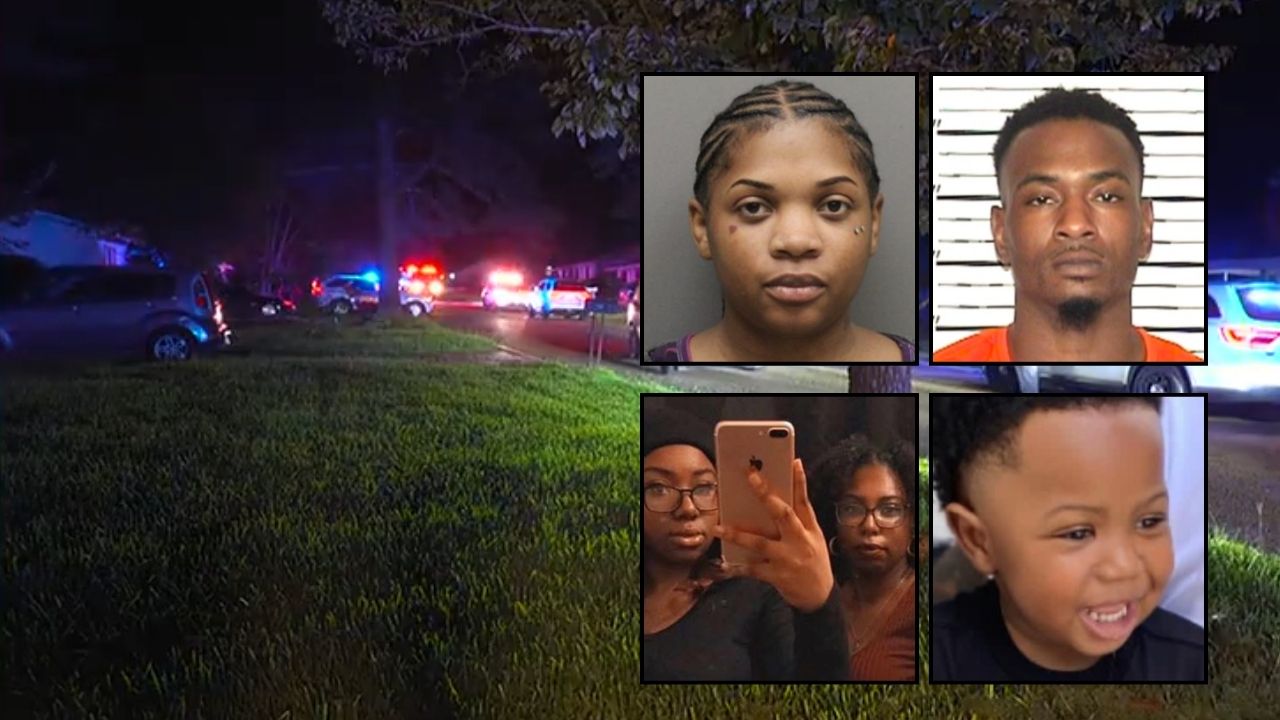 Insets, clockwise from top: Mikala Young, Cornelius Carter, Camari Givens, Erica Weathersby, Keyana Weathersby (WJTV/Hinds County Detention Center). Background: Mississippi police at the scene of the triple murder that left Keyana Weathersby, her 2-year-old son Camari Givens and her sister Erica Weathersby dead (WLBT).