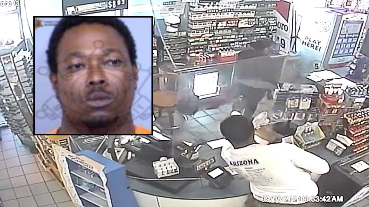 Inset: Trey Waters (Maricopa County Sheriff's Office). Background: Surveillance footage showing Trey Waters opening fire on an Arizona store clerk (AZ Family).