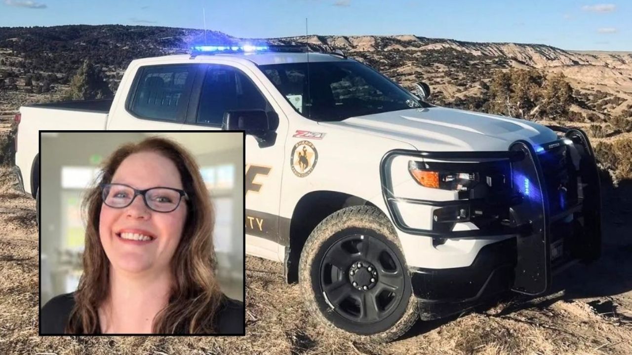 Inset: Virginia Wood (GoFundMe). Background: Carbon County Sheriff's Office truck (CCSO). 