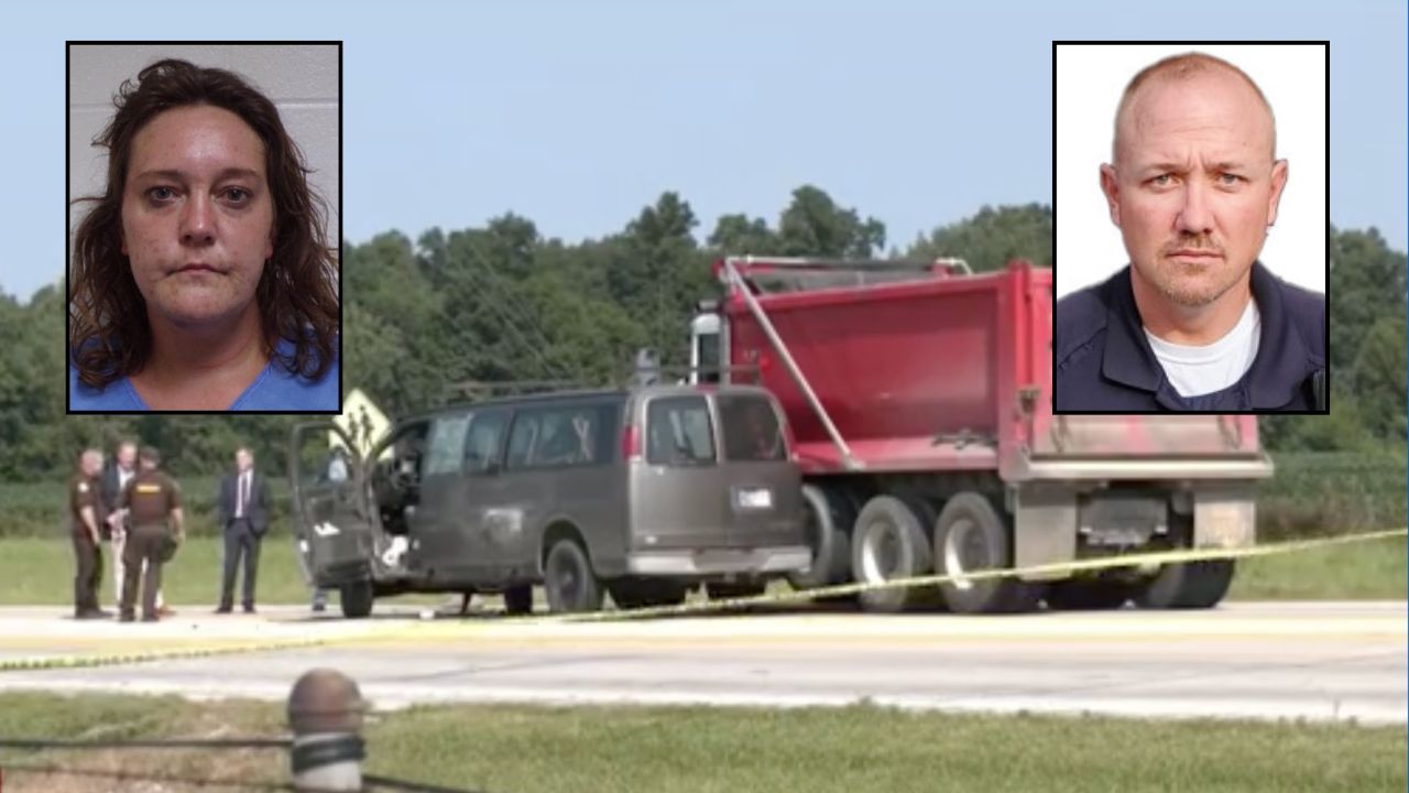 Inset, left to right: Maci Marquelle Atkinson (Randolph County Jail) and Brad Fisher (Town of Lynn). Background: Authorities at the scene where Atkinson allegedly killed Fisher (WTHR).