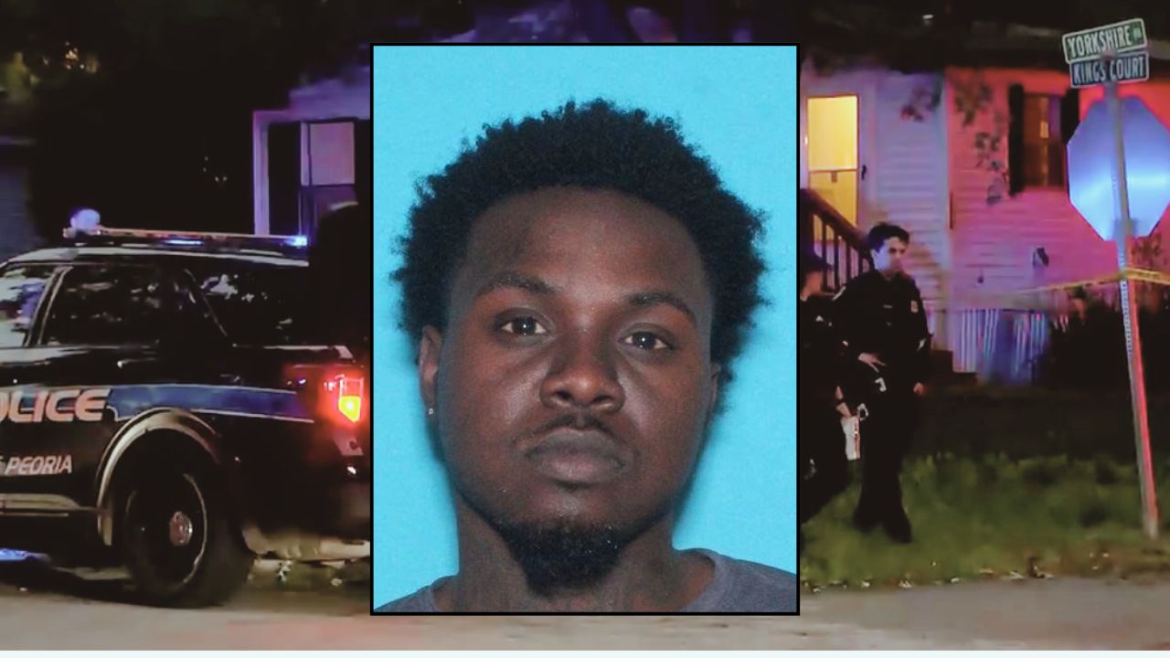 Inset: Jeremiah Duncan (Peoria County Sheriff's Office). Background: Authorities at the scene where Duncan allegedly killed his 2-year-old son and the boy's mother (WEEK).