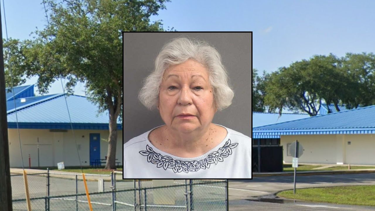 Inset: Maria L. Graham (Volusia County Sheriff's Office). Background: Deltona Lakes Elementary School, where the alleged abuse took place (Google Maps).