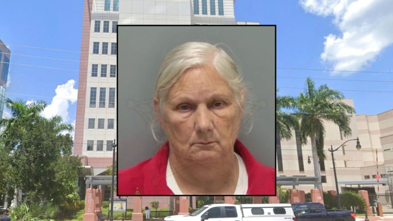 Inset: Sharlene Pflugrad (Lee County Jail). Background: The Lee County Circuit Courthouse (Google Maps).