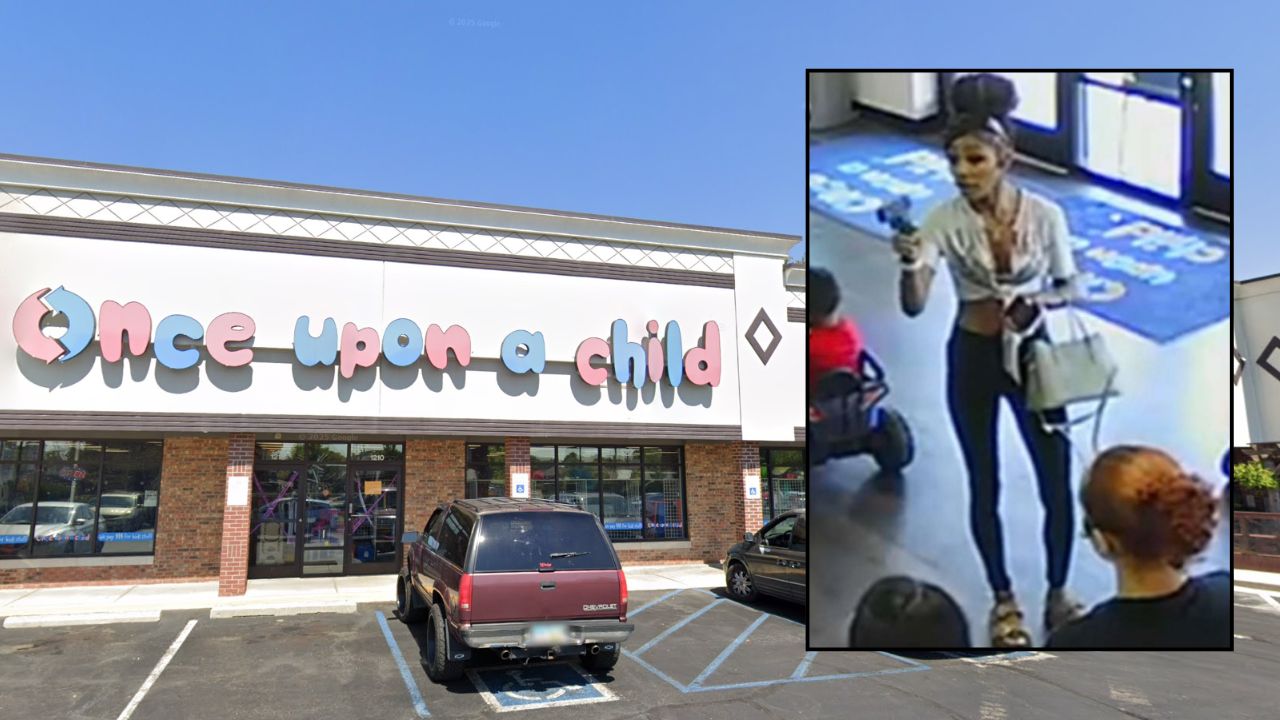Inset: The woman police say is Tamya Staten holding a gun on a Once Upon a Child employee (Marion County Court). Background: The store where the incident allegedly took place (Google Maps).